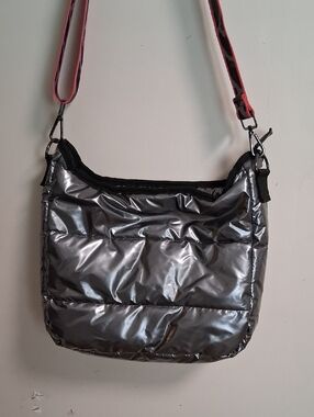 Metallic Silver Puffer Crossbody Bag